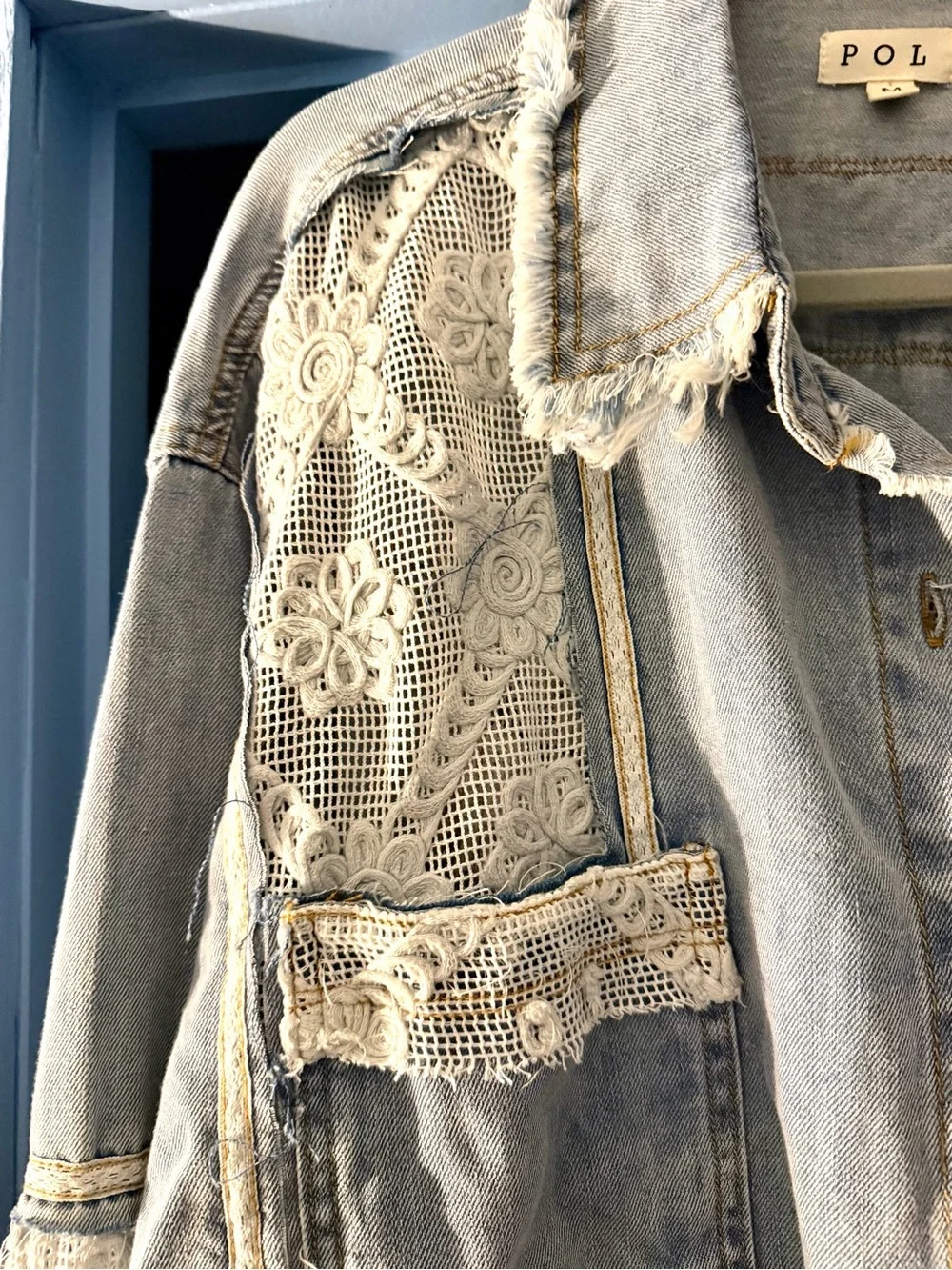 POL Denim Jacket with White eyelet embroidered Lace Inset Med - Picture 7 of 8